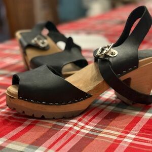 MIA Black Leather Wooden Heel Sandals